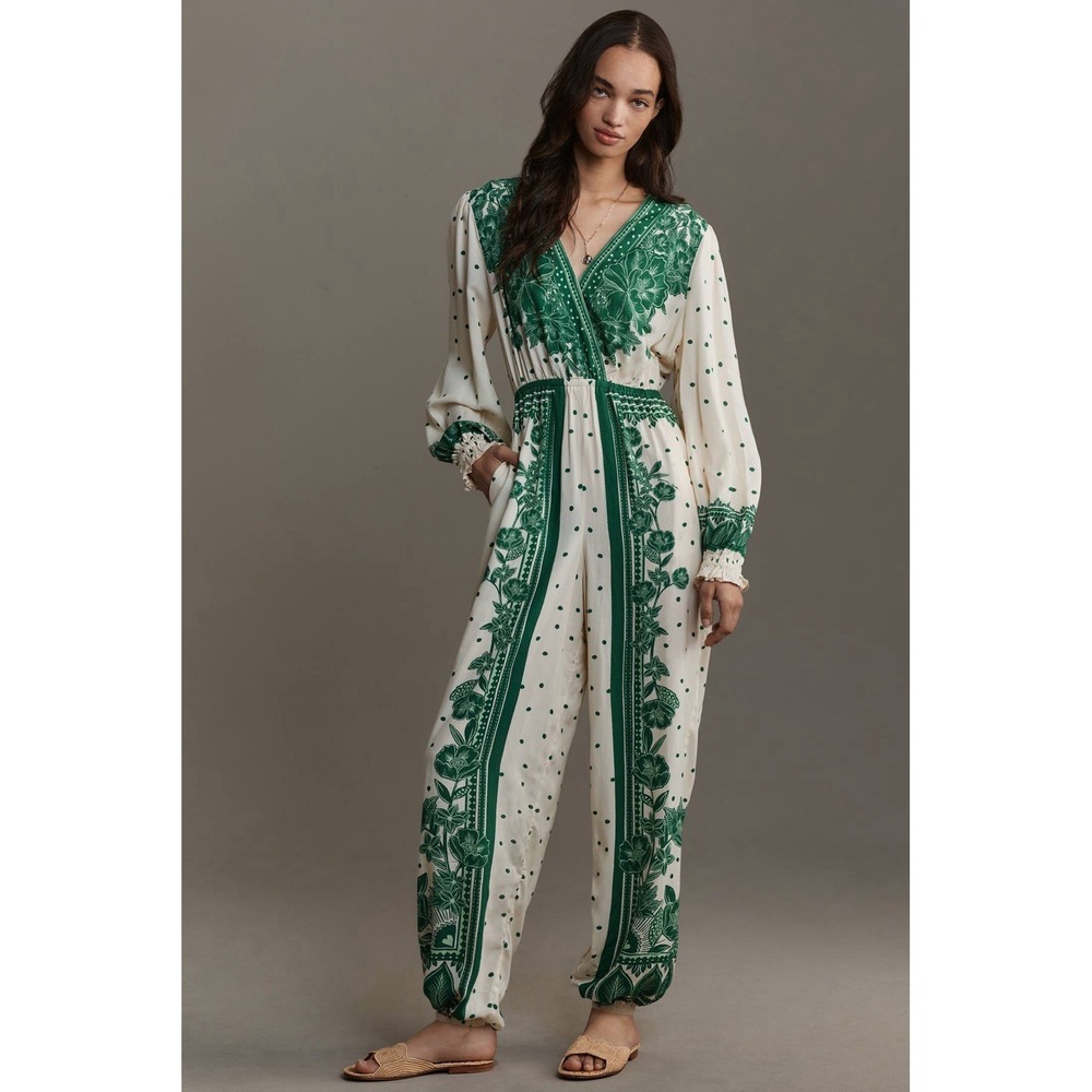 Farm Rio for Anthropologie Sleeveless Floral Dot Jumpsuit Small Green Boho